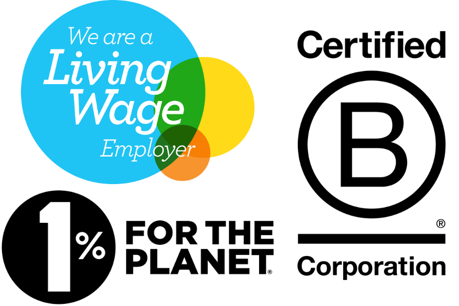 Pitod's Accreditations - 1% for the Planet, Living Wage Employer and B Corporation Fashion Company
